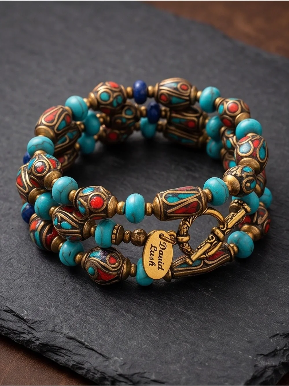 Turquoise Beaded Wrap Bracelet Stacked with Lapis, turquoise and Coral Stones☑️
